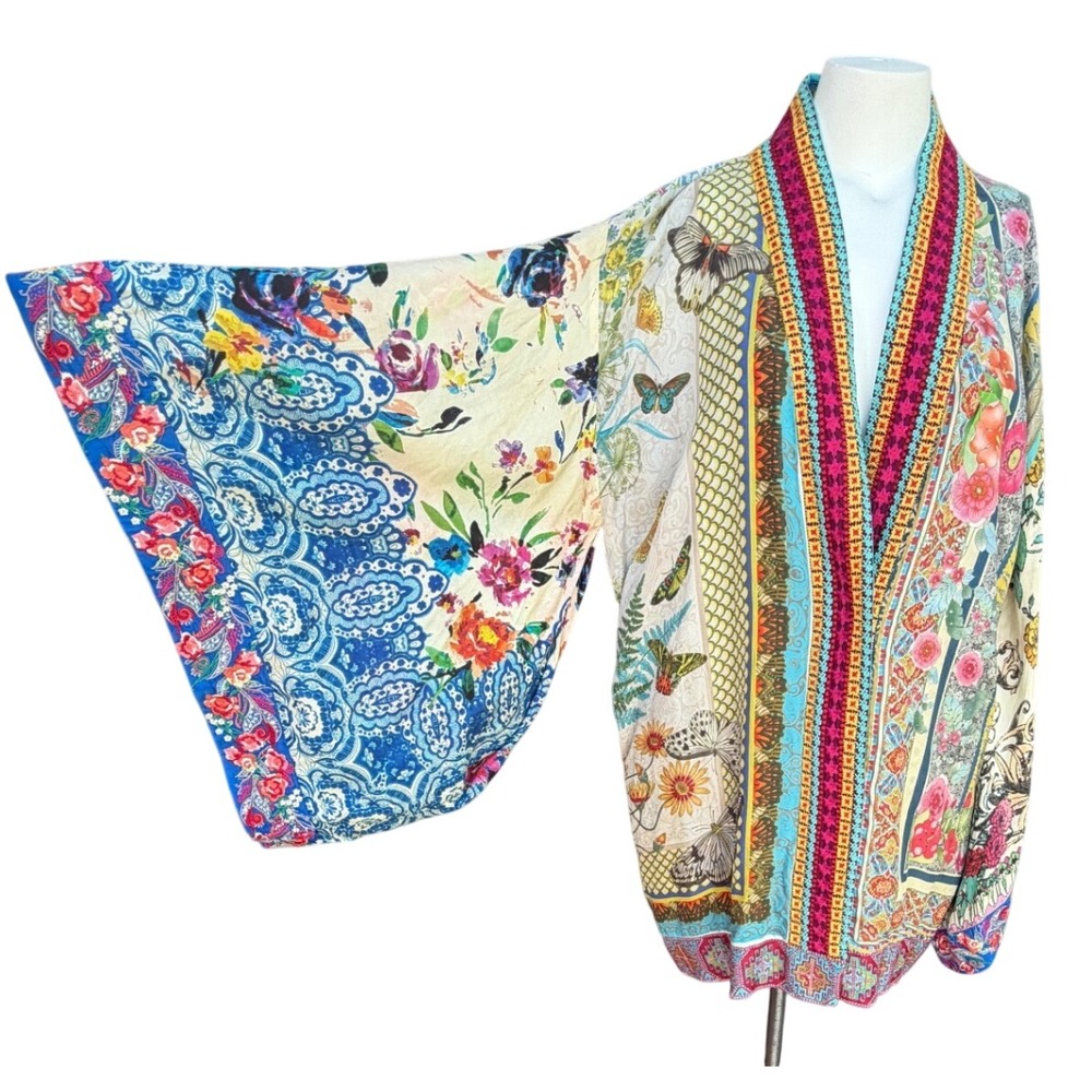 Silk Reversible Kimono Robe OS Multi Floral Paisley Butterfly Boho Festival Wrap - Picture 9 of 16